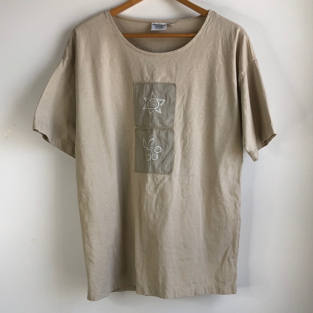 Johnny Was Tan Short-Sleeve T Shirt with Embroidered Panels